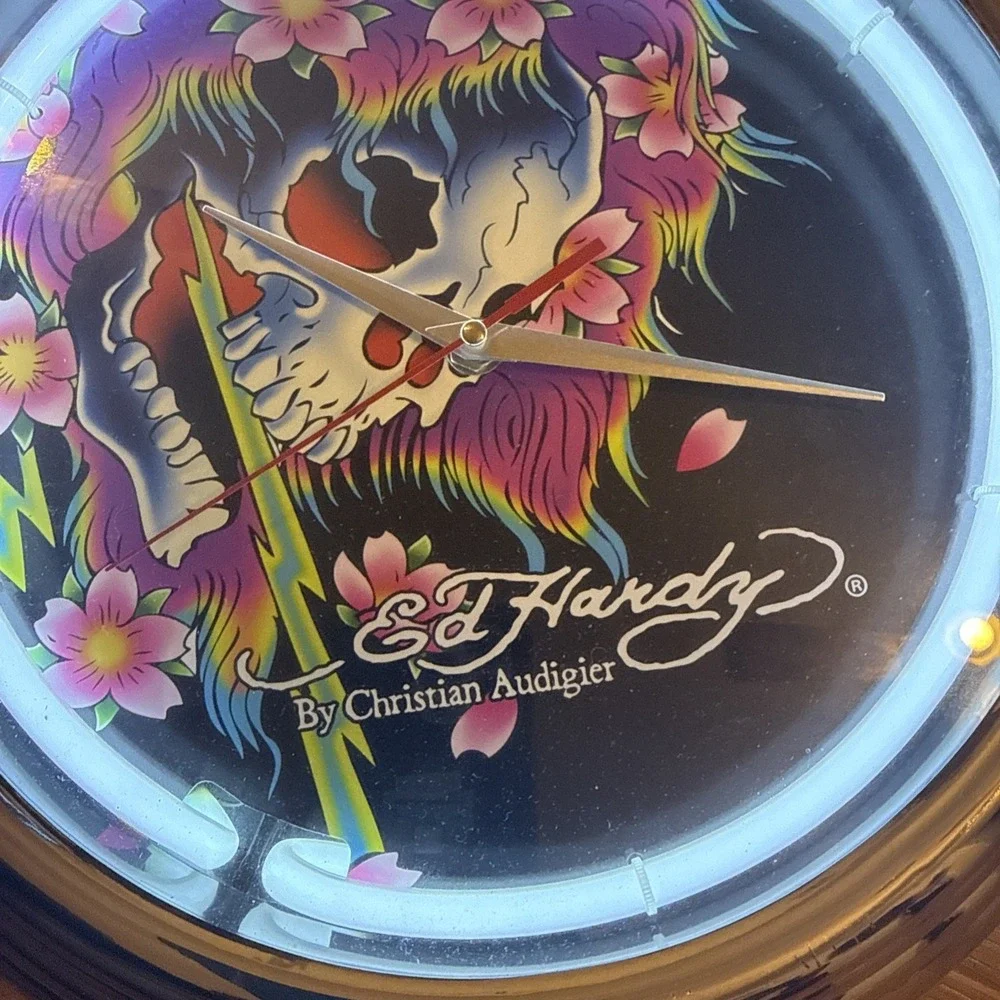 Ed Hardy Neon Wall Clock Skull Flowers Christian Audigier Y2K Tattoo Chrome 14.5
